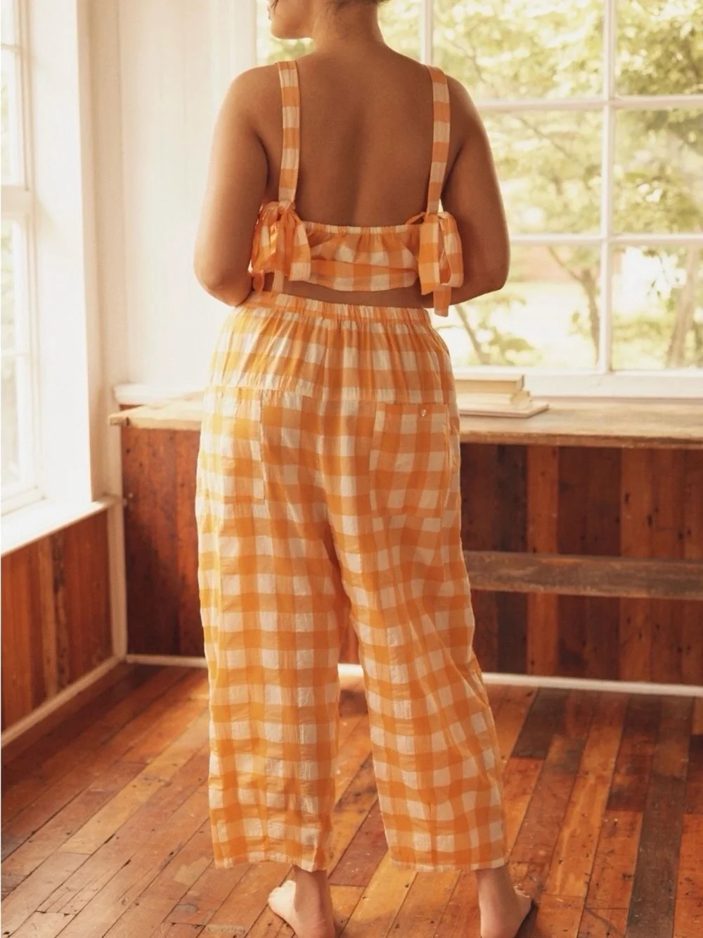 ✨Set✨LyreBird by Anthropologie Swing Tank & Barrel Boxer Pants Marigold Gingham - Picture 2 of 16